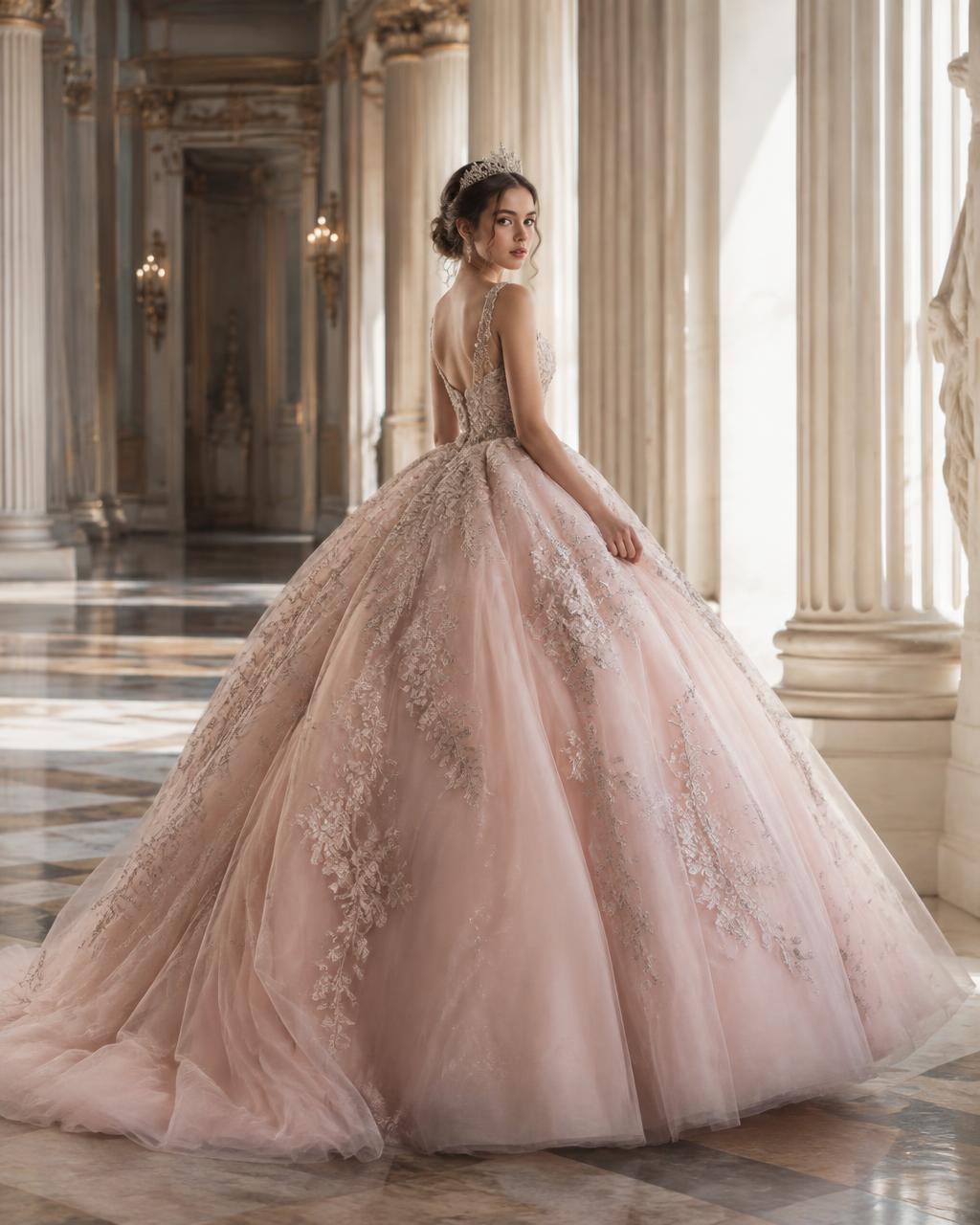 Vestido de debutante rosé com volume